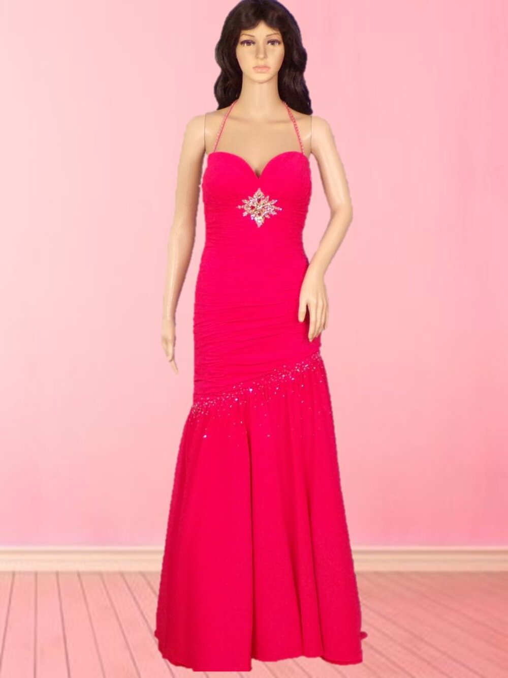 ALYCE DESIGNS size 4 vermillion full-length thin-strap ball/prom gown with shawl